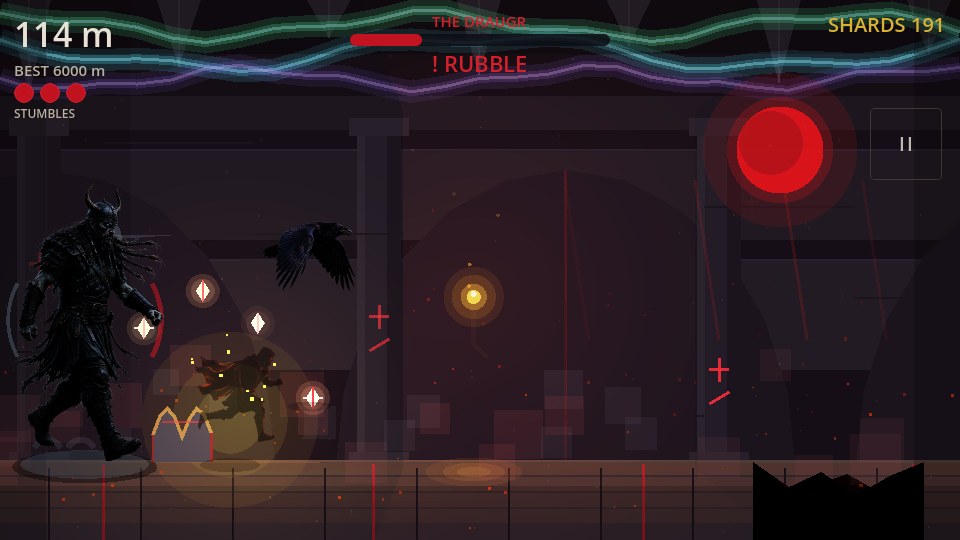 Endless runner gameplay in the burial mound tunnel with jump and slide buttons