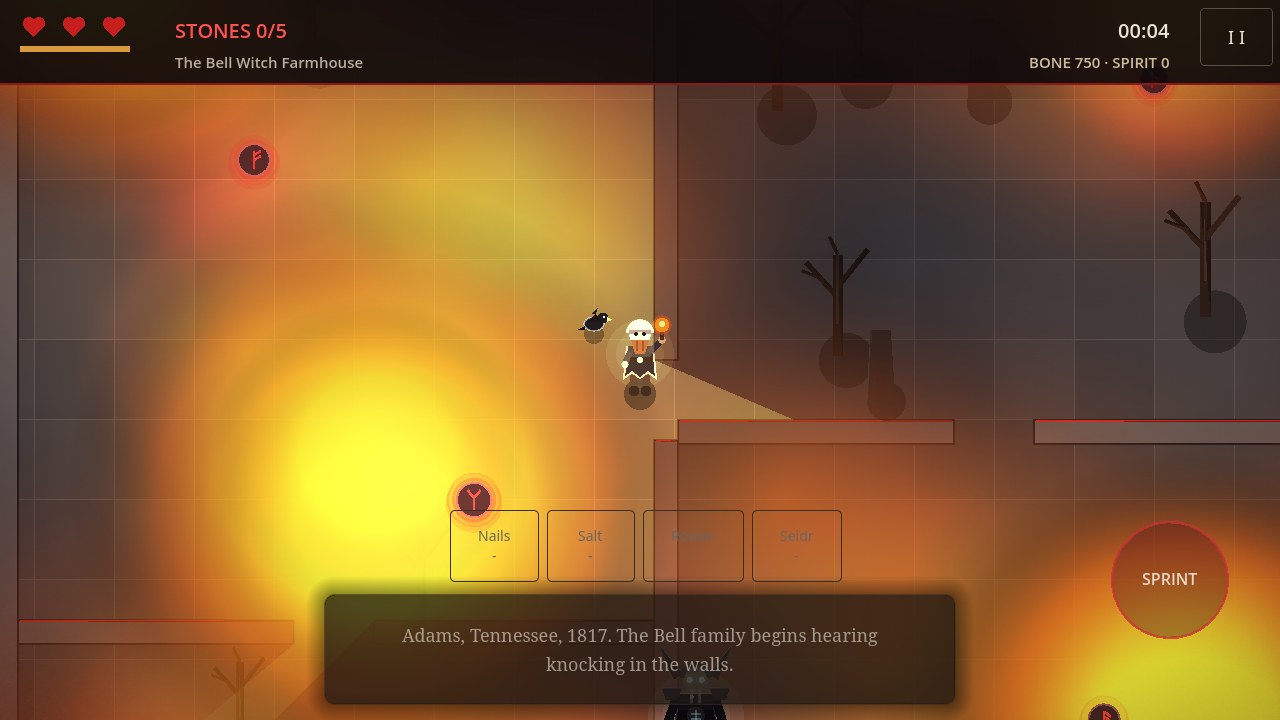Top-down gameplay inside the Bell Witch Farmhouse, torchlight glowing