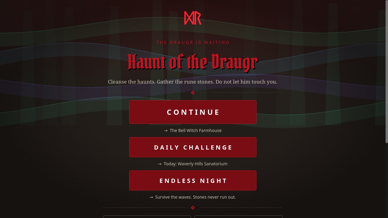 Haunt of the Draugr title screen with the menu of haunts and features