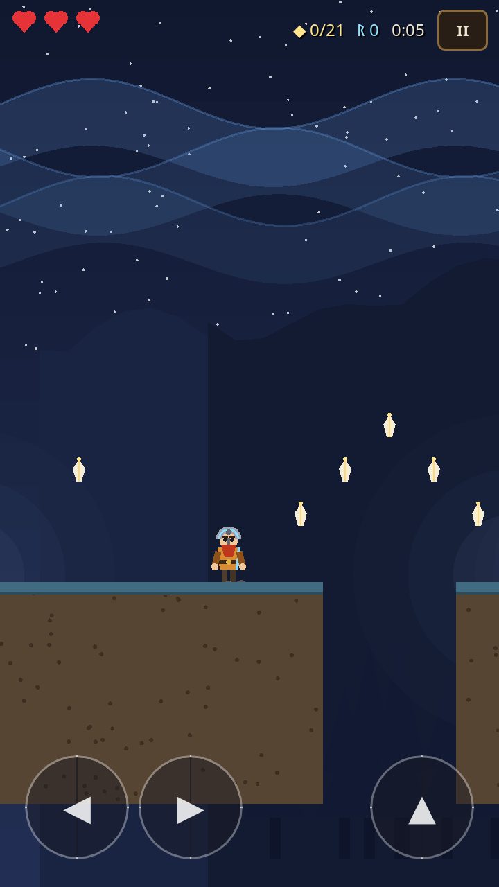 Side-scrolling platformer gameplay with the Viking hero jumping a gap under the aurora